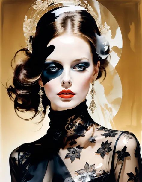 by David Downton,  (iconic , Dark Fantasy but extremely beautiful:1.4), (intricate details, masterpiece, best quality:1.4) , 
Double Exposure photography, double image ghost effect, image combination, double exposure style, looking at viewer, dynamic pose,...