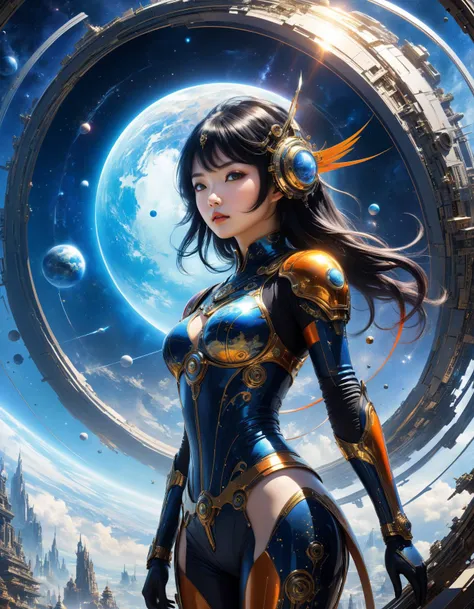 by Stephan Martiniere and Chiho Aoshima,  celestial motiv, a time travelers mission to save humanity , hyper detailed, professional poster art, bold lines, award winning,  trending on ArtStation , (intricate details, masterpiece, best quality:1.4), looking...