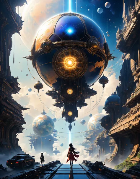 by Stephan Martiniere and Chiho Aoshima,  celestial motiv, a time travelers mission to save humanity , hyper detailed, professional poster art, bold lines, award winning,  trending on ArtStation , (intricate details, masterpiece, best quality:1.4), looking...