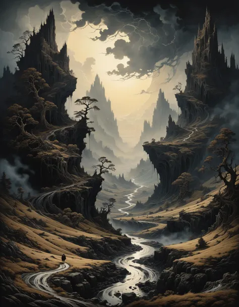 professional photograph of a gloomy and epic landscape  by  Aaron Horkey and William Stout and alfred stieglitz , bold lines, hyper detailed, dark limited palette, dramatic lighting,  (intricate details, masterpiece, best quality:1.4),
<lora:add-detail-xl:...