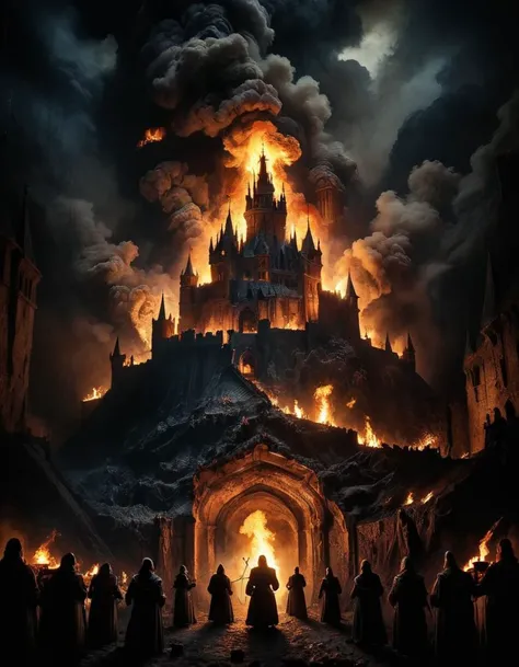 <lora:abysues:0.9> abysues medieval castle in the dark, artistic photography, people surrounded with fire