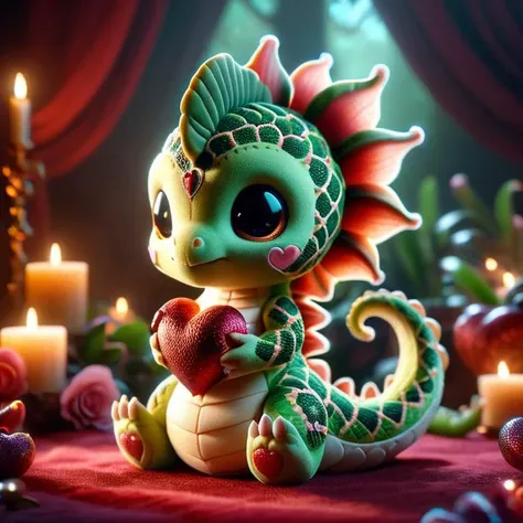 a close up of a toy dragon holding a heart in its paws