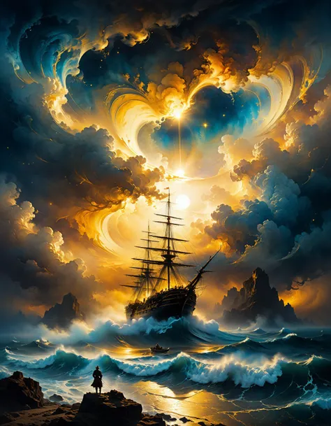 by Ivan Aivazovsky and Josh Adamski,  (golden , nebulous , masterful:1.4), poster art, bold lines, hyper detailed, expressive,  award winning,  (scenery:1.4), (intricate details, masterpiece, best quality:1.4),
looking at viewer, dynamic pose, wide angle v...