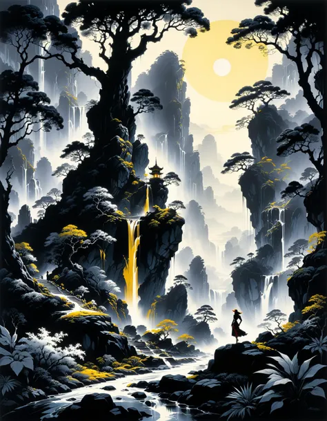 by Eyvind Earle and Clyde Caldwell,  (black-and-white , exotic , masterful:1.4), poster art, bold lines, hyper detailed, expressive,  award winning,  (landscape:1.4), (intricate details, masterpiece, best quality:1.4),
looking at viewer, dynamic pose, wide...