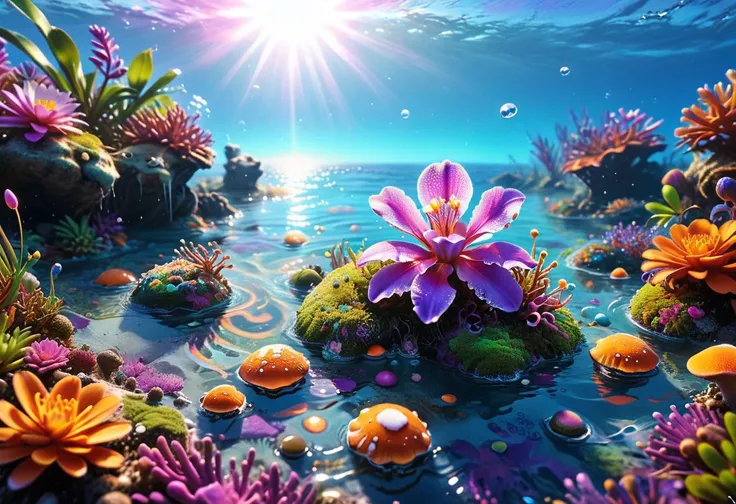 a close up of a colorful underwater scene with a flower