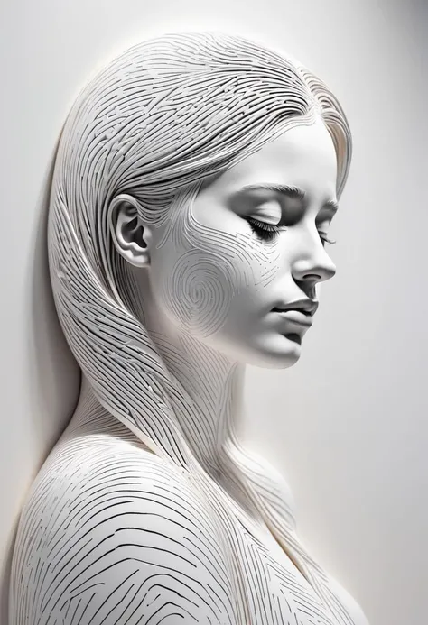 (a fingerprint that form a womans face,close eyes,each line is on different 3d depth heaight, hyperrealistic ,white paint, white wall, emotion, ), intricate details, (masterpiece)