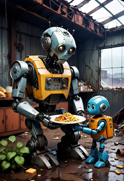 photo of cute little robot, sad, giving food to his child, in a junk building, end of the world, apocalypse, dark fantasy, smooth, rainy day