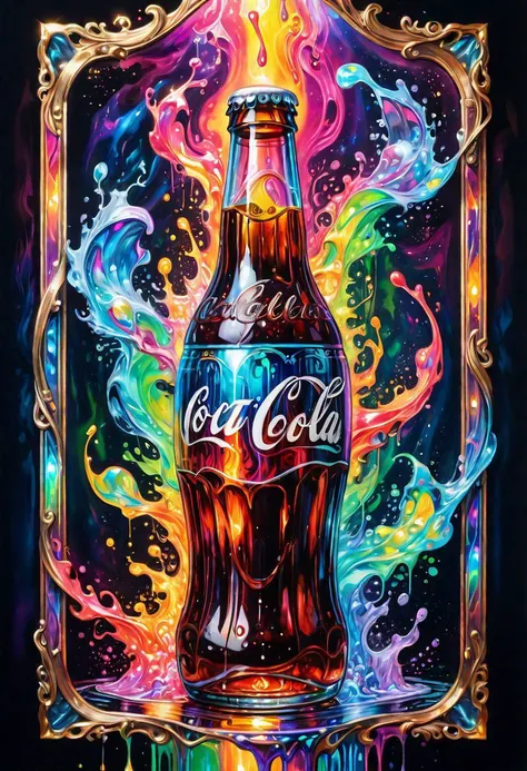 Dynamic view of a holographic magical cola, detailed frame, painting looks to be life like, hanging on a wall, magical multicolored ink, high quality, imagination, 8k, fantasy art, vivid magical colors