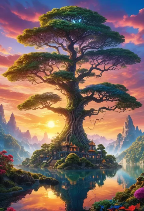 a wonderous and beautiful fantasy world with the tree Glasir, insanely detailed and intricate, hyper maximalist, elegant, hyper realistic, super detailed, vivid colors, sunrise, , ornate, dynamic, articulate, 8K