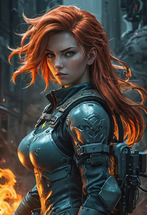 An illustration of a fierce character with fiery hair, in the style of Molecular, [lara croft:(princess peach:1.2):(zelda princess):panam palmer:samus:ciri:(jill valentine)], Al Capp, intense and powerful, photo-enhanced, cyberpunk genre, fiery red