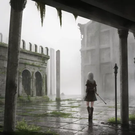 a woman in a black dress holding a sword standing in a courtyard