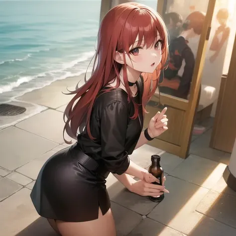 anime girl in black dress with red hair and a bottle of beer