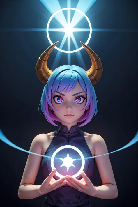 realistic, 1girl, blue hair, horns, multicolored eyes, glowing, blue eye, purple eye, bare shoulders, demon eyes, magic circle, light particles, light rays, wallpaper,