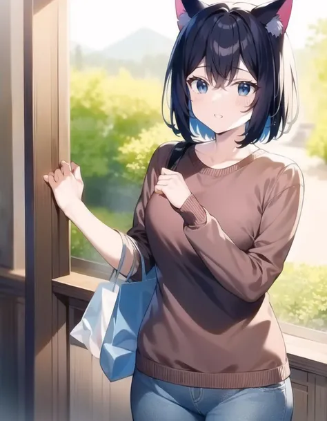 masterpiece, highres, best quality, fran (tensei shitara ken deshita),  <lora:CHAR_SwordIsekai_Fran:1>, cat ears, shopping bag, brown sweater, blue jeans