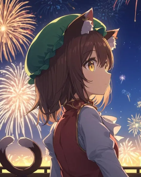 a girl with a cat ears and a hat looks at fireworks