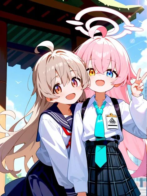 (score_9,score_8_up,score_7_up,),outdoor,2girls,sunlight,
BREAK oyama mahiro,brown eyes,long hair,ahoge,white shirt,light smile,wavy open mouth,happy,eyes closed,brown eyes,long hair,ahoge,school uniform,jacket,neck ribbon,beckoning,long skirt,
BREAK hoshi...