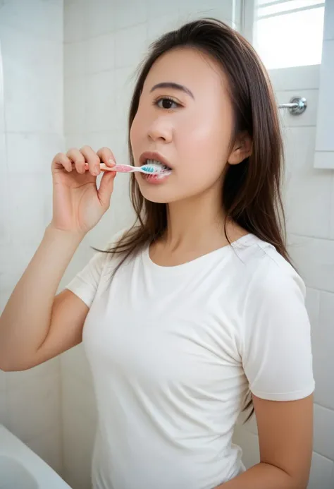 score_9, score_8_up, score_7_up, detailed, masterpiece, photorealistic, asian, hetero, 1girl, highres, bru5ht33th, toothbrush, realistic, brushing teeth, standing in a bathroom, wearing a white t-shirt, cyclopsgirl, thinmonobrow