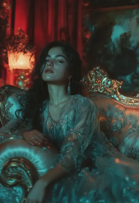 a surreal, luxurious image of a woman sitting elegantly on a lavish, baroque-style couch with ornate golden carvings. She is dressed in a flowing, teal dress with delicate lace details that catch the soft ambient light. Her dark brunette hair is styled in ...