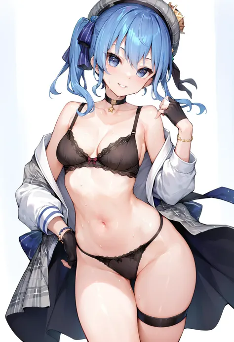 score_9, score_8_up, score_7_up, score_6_up, 1girl, hoshimachi suisei, underwear, solo, breasts, virtual youtuber, blue hair, bra, blue eyes, panties, navel, gloves, looking at viewer, black panties, side ponytail, choker, black bra, symbol in eye, beret, ...