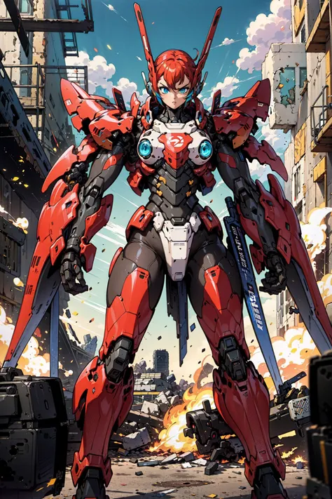 masterpiece, best quality, mecha, no humans, black armor, blue eyes, science fiction, fire, laser canon beam, war, conflict, des...