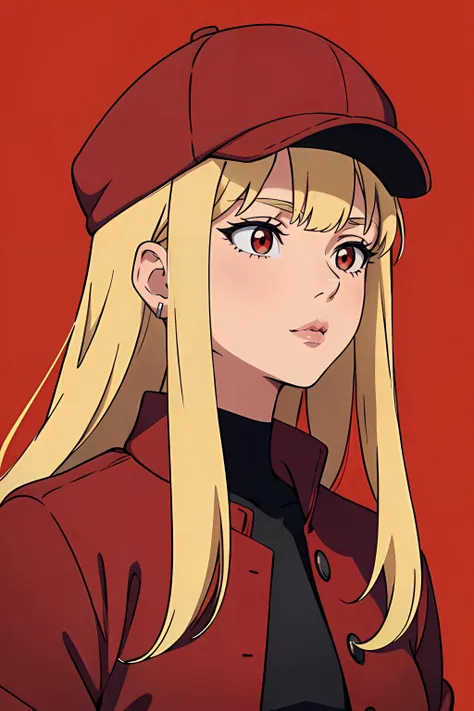 1girl, beautiful face, blonde hair, bangs, upper body, anime, simple background, red background, black shirt, red jacket, red cap, earrings,