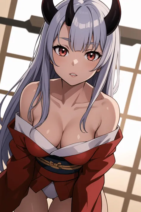 1girl, bangs, bare_shoulders, breasts, cleavage, collarbone, horns, japanese_clothes, leaning_forward, long_hair, looking_at_viewer, medium_breasts, off_shoulder, oni, oni_horns, parted_lips, red_kimono, silver_hair, solo, thigh_gap