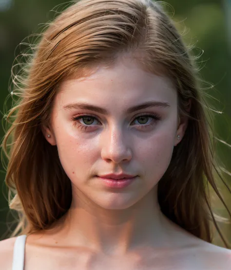 a close up of a woman with a white top and a green background