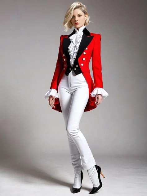 (masterpiece, best quality, ultra-detailed:1.3),1girl wearing a r1d3r,(formal jacket),long sleeves,red (tailcoat),white pants,ascot,frills,high collar,high heel boots,cuffs,buttons,flower,puffy sleeves,white gloves,magical,enchanting,vibrant colors,medium ...