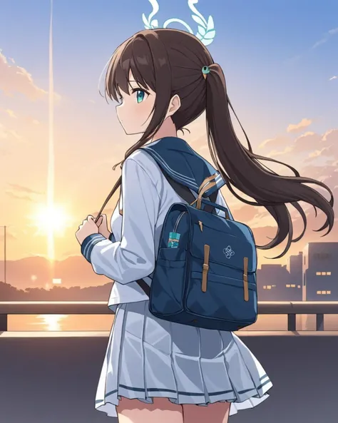 airi (blue archive),1girl, solo, white_serafuku, looking_at_viewer, halo, white_skirt, holding, pleated_skirt, can, looking_back, from_behind, long_sleeves, school_bag, sailor_collar, hair_ornament, twintails, white_shirt, sky, ponytail
<lora:airi_(blue_ar...