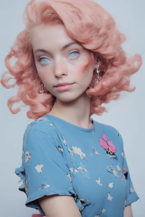 a woman with pink hair and blue eyes wearing a blue dress