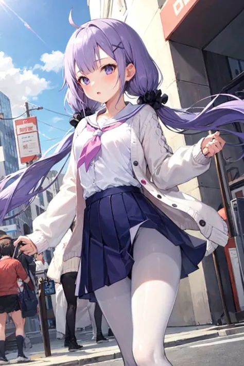 unicorn, 1girl, solo, (small breasts:1.1), low twintails, standing, white cardigan, white pantyhose, hair ornament, black scrunchie, pleated skirt, pink neckerchief, city street <lora:unicorn_loha_test:1>