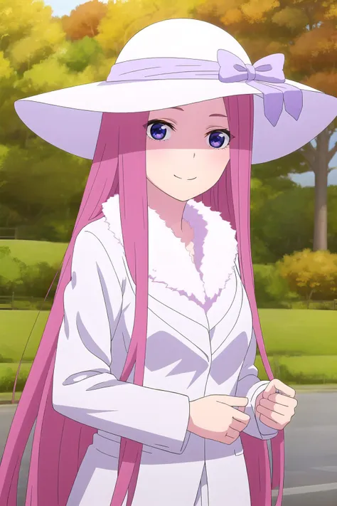 anime girl with long pink hair wearing a white hat and white coat