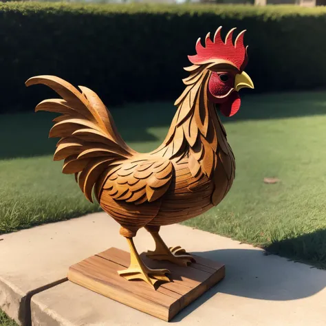 a (woodcarvingcd, shiny:1.2) rooster, simple toy, toy model, standing on lawn, (solo:1.2), <lora:woodcarvingcd-000007:0.5>, no h...