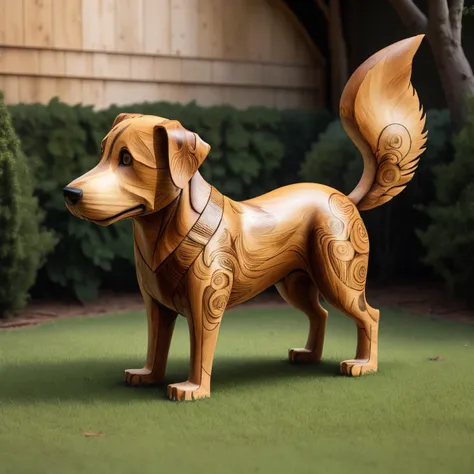 there is a wooden dog statue on the grass in the yard