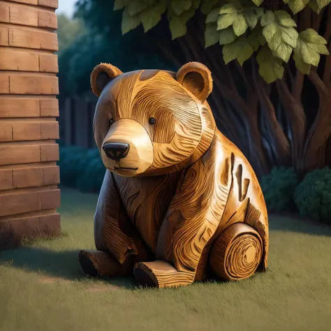 there is a wooden bear sitting on the grass in front of a brick wall