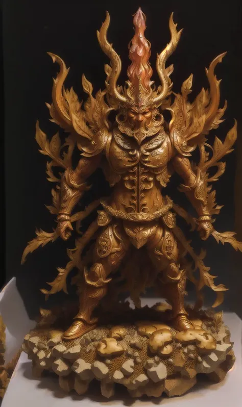 statue of a golden dragon with a fire on it's head