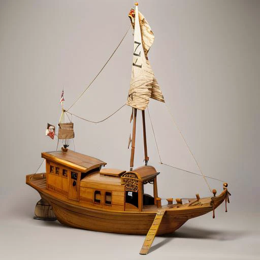 a close up of a wooden model of a boat with a sail