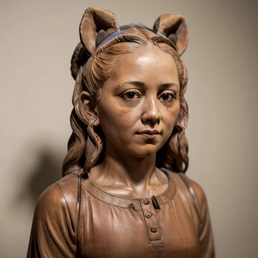 a close up of a statue of a woman with a cat's ear