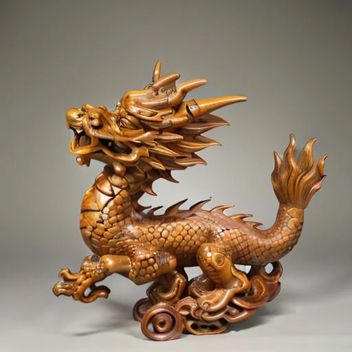 a wooden statue of a dragon with a long tail