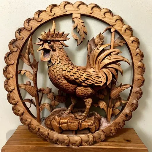 a close up of a wooden sculpture of a rooster on a stand