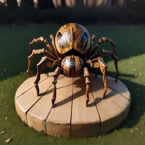 a close up of a spider on a wooden platform in a field