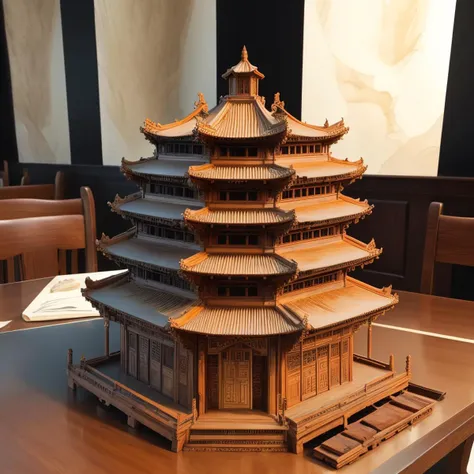 a (woodcarvingcd, shiny:1.2) chinese building, building model, (solo:1.2), <lora:woodcarvingcd-000008:0.9>, no humans, high quality, masterpiece, realistic, photorealistic, (indoors, on table:1.2)