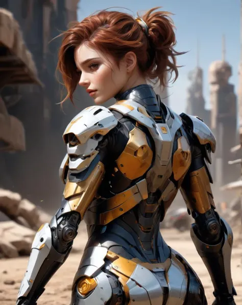 <lora:BenedickBanaXLStyle-000004:0.7>,bbana style,crossed arms,full body,Jet,mechanical,robot,big ass,hyperdetailed photography,realistic,ultra detailed,sharp focus,50mm dof,bokeh,intricate,sporty butt,Auburn hair,Straight Twisted Half-Up,trending on artst...