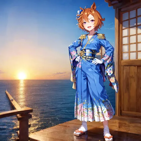 anime girl in blue kimono standing on a pier at sunset