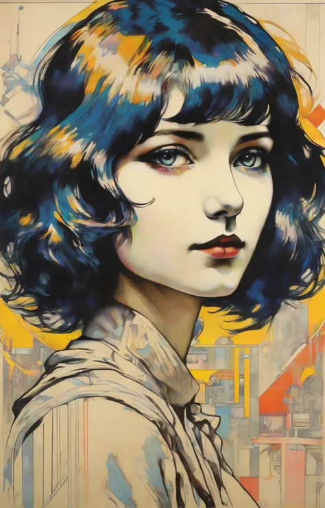 Bauhaus-Style Poster, (drawix11 dwx11 portrait), Girl Crush aesthetics, soft-hued colors, stunning background. dark and moody, a mesmerizing blend of light and shadow. masterpiece, absurdres, intricate details <lora:drawix11:1>, simple geometric shapes, cl...