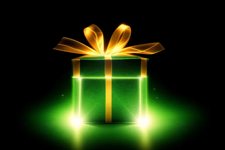 close up, photographic study, 4K photograph, of a, (neatly wrapped, translucent, luminescent green Christmas present), with (sparkling silver trim), simple black background, (green present), sparkling and shimmering twinkling background, bokeh, blurry, pai...