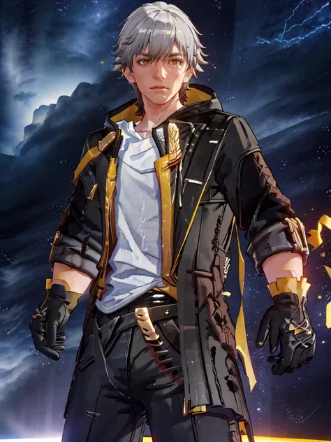 <lora:PlasmaAlpha:0.8>,PlasmaAlpha,energy,color,fire,lightning,lights,, best quality,masterpiece,highres,1boy, cowboy shot,, <lora:trailblazer:1>,trailblazer,short hair,white hair,bangs,yellow eyes,mmd,3d,gloves,white shirt,jacket,pants,belt,open jacket,je...