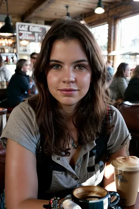 <lora:emmasinclaire:0.8>, full color portrait of a young woman, having coffee at a vintage cafe, natural light, raw photo, subje...