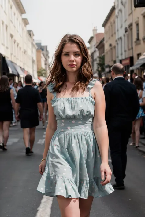 <lora:emmasinclaire:0.8>, full color portrait of a young woman, wearing a summer dress, in a crowded street, natural light, raw ...