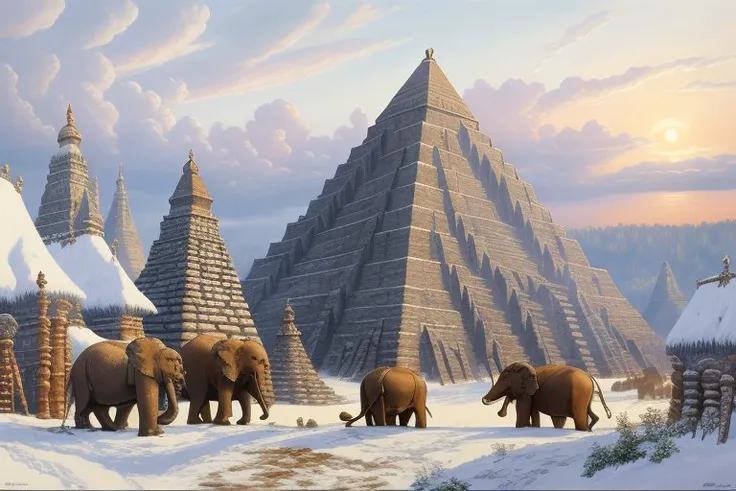 painting of elephants walking in front of a pyramid in a snowy landscape